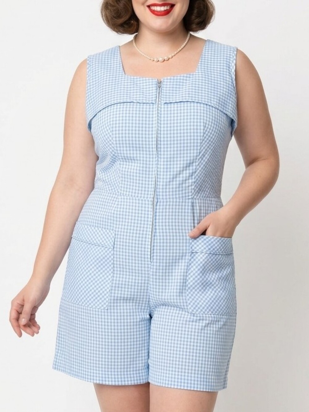 Sherry Lynn 50s Blue & White Gingham Plaid Pinup Shorts Romper Volup Playsuit 16